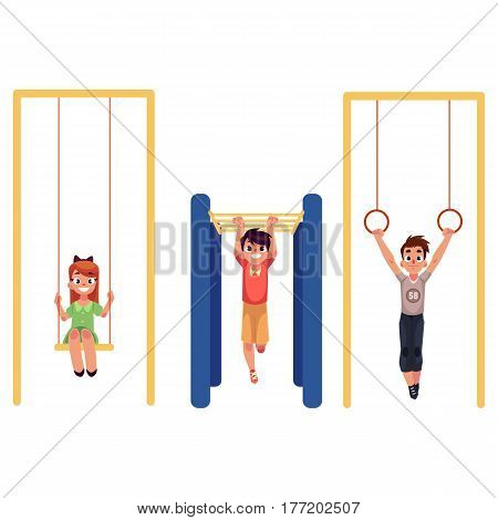 Kids, children at playground, hanging on monkey bars, gymnastic rings, swinging on swings, cartoon vector illustration isolated on white background. Set of kids, children having fun at playground
