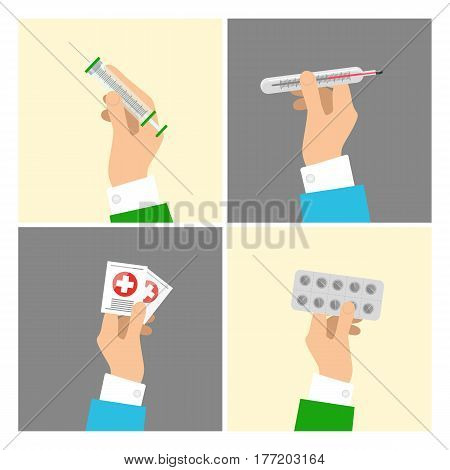 Hands holding medical equipments and pills set with grey and beige backgrounds. Vector poster of hands taking syringe, transparent thermometer, things with white cross on red circles and round pills