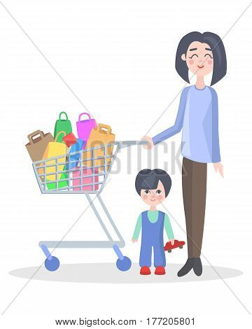 Woman with shopping trolley make purchases with child flat vector illustration. Family shopping concept isolated on white background. Mother buying goods on sale in supermarket with little son