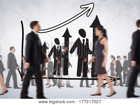 Digital composite of Business People Walking in front of Graph against a grey bakcground