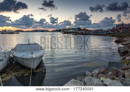 SOZOPOL, BULGARIA - JULY 12, 2016: Amazing Sunset at the port of Sozopol, Burgas Region, Bulgaria