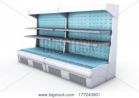 Empty refrigerator display showcase. Isolated on white background include clipping path. 3d render