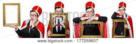 Man with picture frame isolated on the white