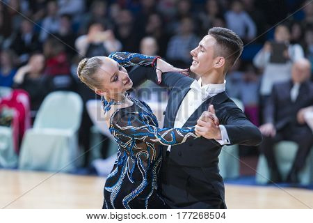 Minsk Belarus- February 18 2017: Unidentified Dance Couple Perform Adult Standard European Program on WDSF Minsk Open Dance Festival-2017 Championship in February 18 2017 in Minsk Belarus.