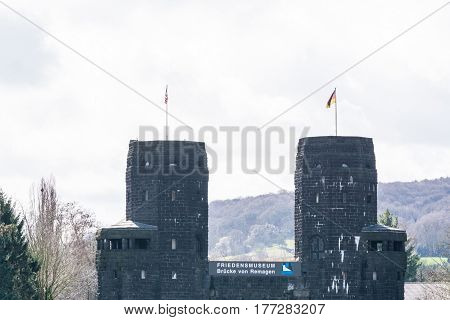 ERPEL GERMANY - MARCH 27 2016: Ruin the Ludendorff Bridge at Erpel am Rhein in Germany.Towers of the Remagen bridge are located on the opposite bank of the city Erpel am Rhein in Germany.