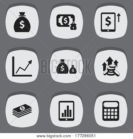 Set Of 9 Editable Finance Icons. Includes Symbols Such As Cash Growth, Holdall, Bar Graph And More. Can Be Used For Web, Mobile, UI And Infographic Design.