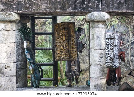 Tulum Mexico March 12th 2017: Men in Maya indian costumes in the temple ruins