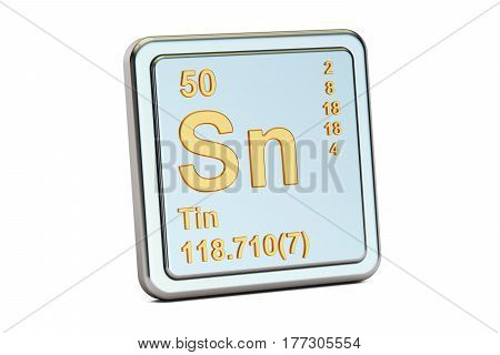 Tin stannum Sn chemical element sign. 3D rendering isolated on white background