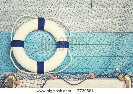 Lifeline against the background of blue-white boards. Coloseup