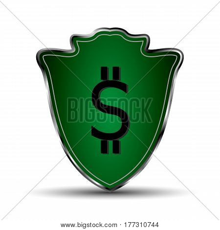 The vector green shield in a metal frame with dollar symbol