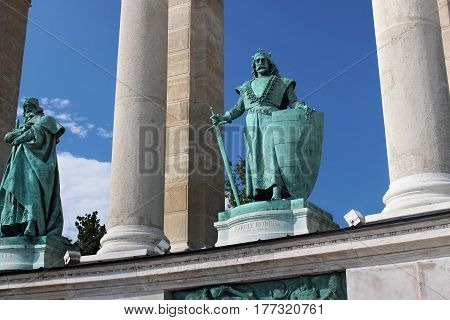 BUDAPEST, HUNGARY - AUGUST 08, 2012: Sculpture of king Charles Robert (Kiss Gyorgy 1905). Millennium Monument on the Heroes Square. Charles I was King of Hungary and Croatia from 1308 to his death.