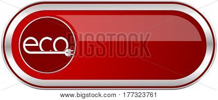 Eco electric plug red long glossy silver metallic banner. Modern design web icon for smartphone applications