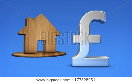 British pound symbol and home icon UK property value and house market prices concept 3D illustration.