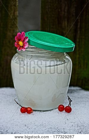 Glass jar with milk, viburnum berries on the snow