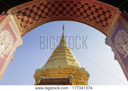 The golden pagoda from the door scene at the Pra that Doi Suthep Temple.