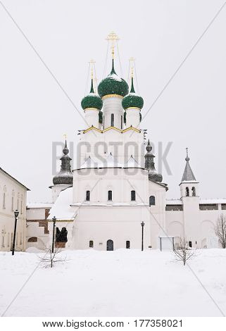 Church of St. John the Divine in the Rostov Kremlin during a snowfall in winter, Russia