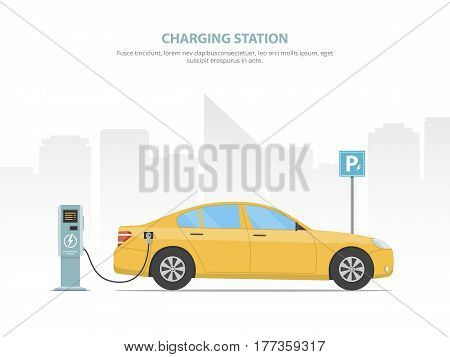 The electric car is charging from the charging station in the parking lot. Concept alternative sources of energy in the automotive industry. Saving energy. Green power. Vector illustration.