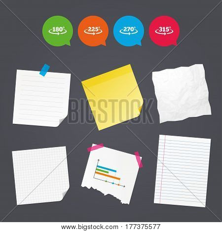 Business paper banners with notes. Angle 180-315 degrees icons. Geometry math signs symbols. Full complete rotation arrow. Sticky colorful tape. Speech bubbles with icons. Vector