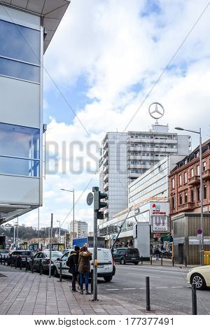 SAARBRUCKEN, GERMANY - January 17, 2017: street view of Saarbrucken, is the capital and largest city of the state of Saarland. January 17, 2017 in Saarbrucken, Germany