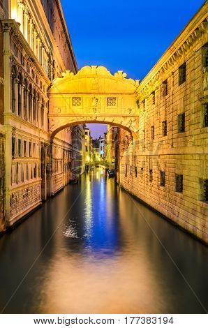 Venice Italy. Bridge of Sighs (italian Ponte dei Sospiri) in Venezia illuminated in the night. Italian landmark.