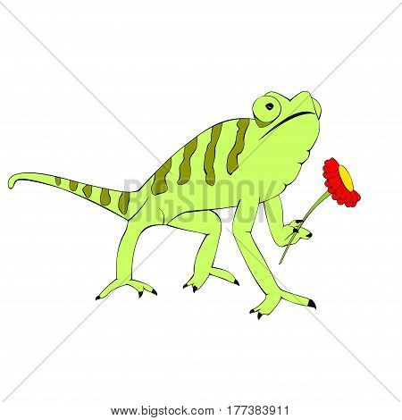 Sketch green loving iguana with red flower