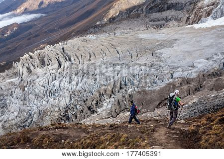 Trekker on Manaslu circuit trek in Nepal