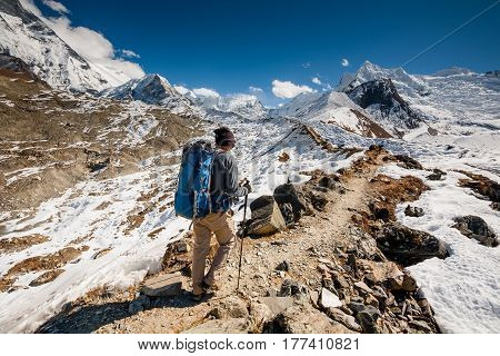 Trekker In Khumbu Valley On A Way To Everest Base Camp