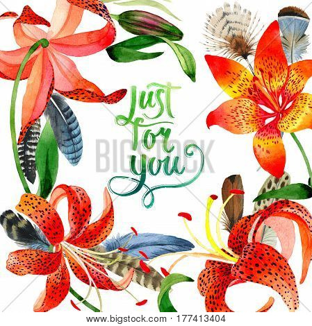 Wildflower leopard lily flower frame in a watercolor style isolated.  Aquarelle wild flower for background, texture, wrapper pattern, frame or border.