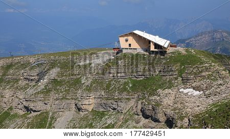 New summit station of the Chaserrugg cable car. Swiss Alps.