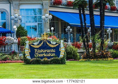 STRESA ITALY - JULY 14 2016. Stresa view on Regina Palace Hotel a town on the Maggiore Lake