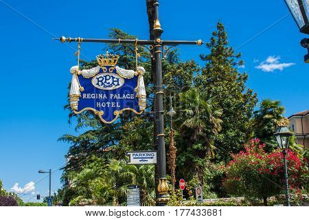 STRESA ITALY - JULY 14 2016. Stresa view on Regina Palace Hotel a town on the Maggiore Lake