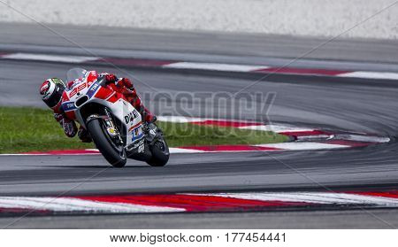 SEPANG MALAYSIA - JANUARY 30 2017 : Ducati Team rider Jorge Lorenzo taking a corner during 2017 MotoGP pre-season test (Winter Test) at the Sepang International Circuit.
