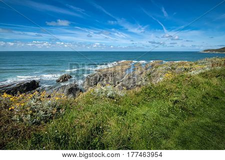 The picturesque view of the sea from the north coast of Devon. England