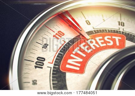 Compass with Red Needle Pointing the Text Interest on Red Label. Metal Conceptual Meter with Red Punchline Reach the Interest. Illustration with Depth of Field Effect. 3D Render.