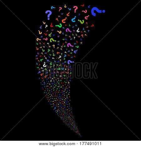 Question random fireworks stream. Vector illustration style is flat bright multicolored iconic symbols on a black background. Object fountain combined from scattered icons.
