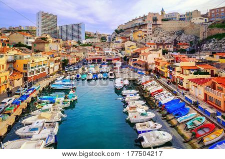 Colorful Yacht Harbour In The Old City Of Marseilles, France