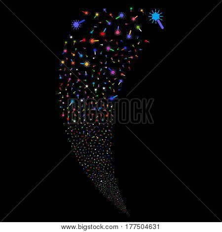Wand Magic Tool random fireworks stream. Vector illustration style is flat bright multicolored iconic symbols on a black background. Object fountain organized from scattered design elements.