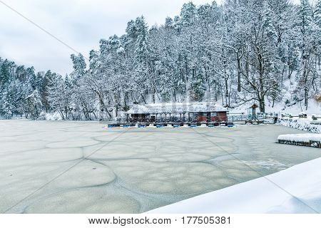 Frozen lake near the castle Trakoscan in Croatia.