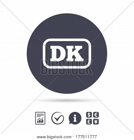 Denmark language sign icon. DK translation symbol with frame. Report document, information and check tick icons. Currency exchange. Vector