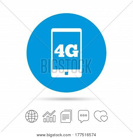 4G sign icon. Mobile telecommunications technology symbol. Copy files, chat speech bubble and chart web icons. Vector
