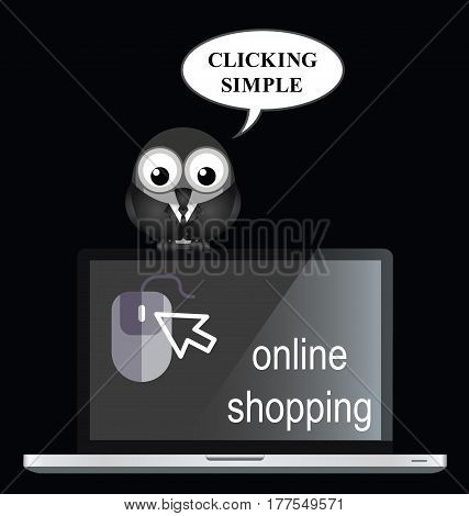 Comical online internet shopping with bird businessman shopper