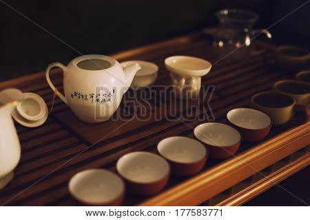 Traditional Chinese tea ceremony, dishes on teaboard.