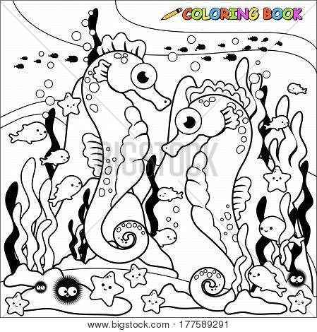 Seahorses swimming underwater. Black and white coloring book page