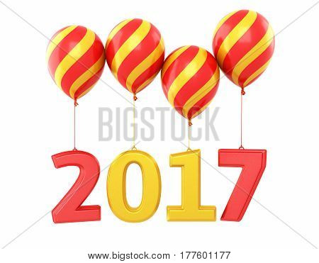 3d render New Year 2017 and colorful balloons (isolated on white and clipping path)