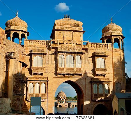 Gadi Sagar (Gadisar) Lake is one of the most important tourist attractions in Jaisalmer Rajasthan North India. Artistically carved temples and shrines around The Lake Gadisar Jaisalmer.