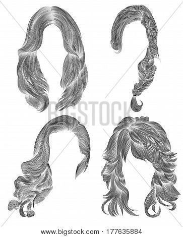 set long woman hairs  . black  pencil drawing sketch .
 women fashion beauty style.  fringe curls cascade  plait.