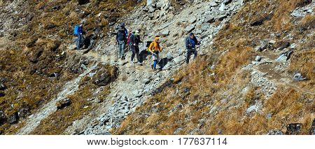 Group of Hikers male and female walking on Mountain Trail with mixed grassy and rocky terrain carrying backpacks and using trekking sticks