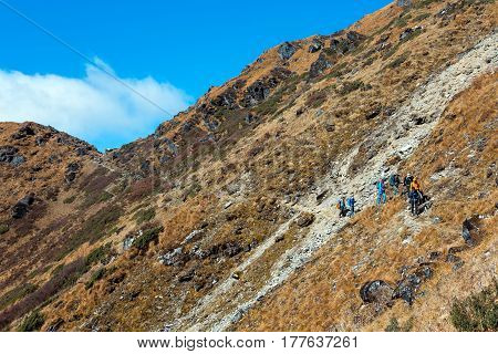 Group of Hikers male and female walking on Mountain Trail in Himalaya with mixed grassy and rocky terrain carrying backpacks and using trekking sticks