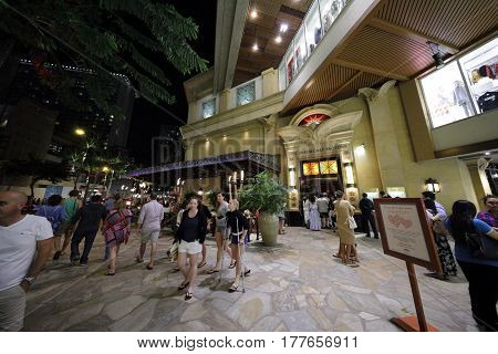 HONOLULU USA - FEBRUARY 15 2017: Night image of the Cheesecake Factory Restaurant at the Royal Hawaiian Center.