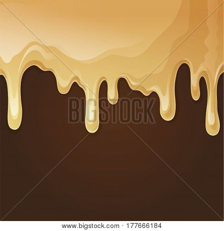 Melted white chocolate flow down. Chcolate splashes. Sweet background. Vector stock.